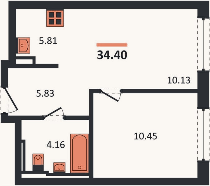 Планировка: 1-к, 34,4 м²