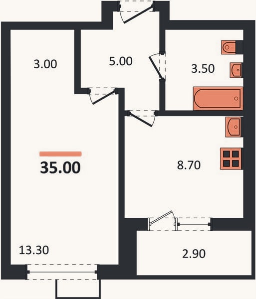 Планировка: 1-к, 35 м²