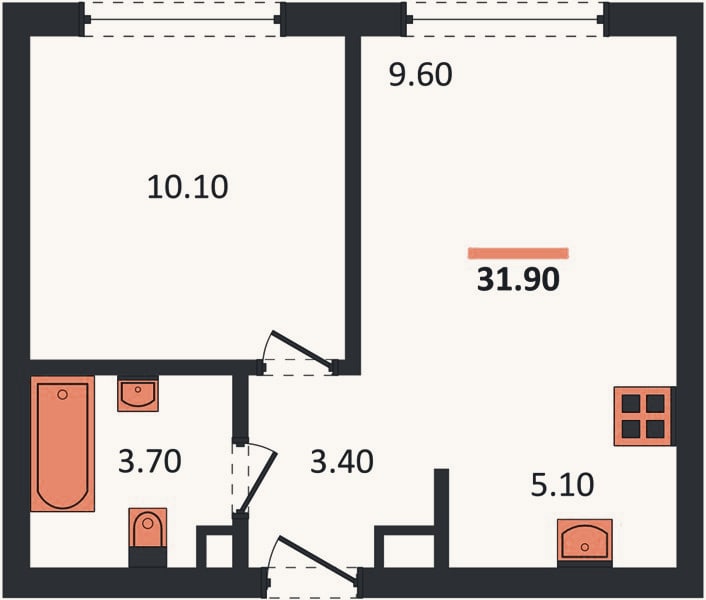 Планировка: 1-к, 31,9 м²