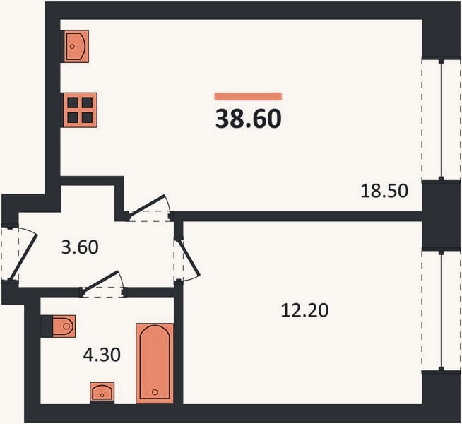 Планировка: 1-к, 38,6 м²