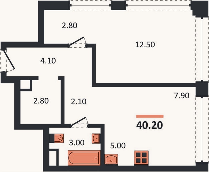Планировка: 1-к, 40,4 м²