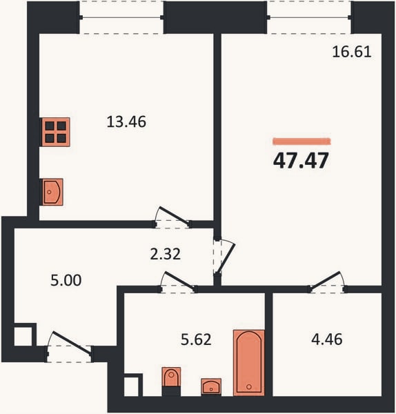 Планировка: 1-к, 47,5 м²