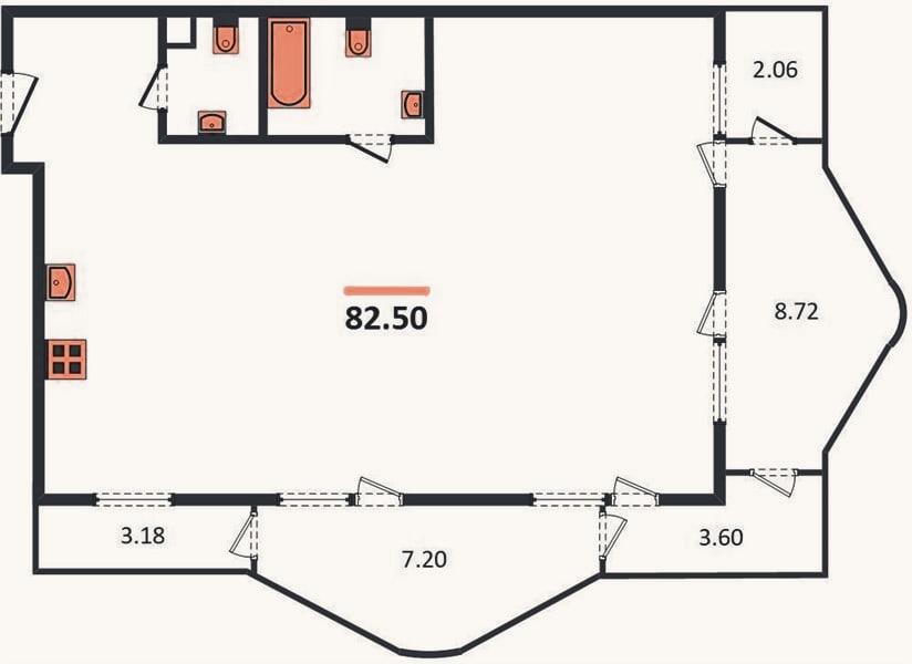 Планировка: 1-к, 82,5 м²