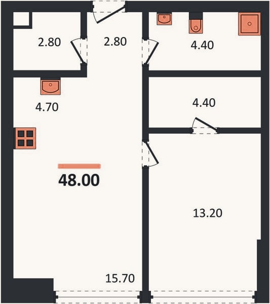 Планировка: 1-к, 48 м²