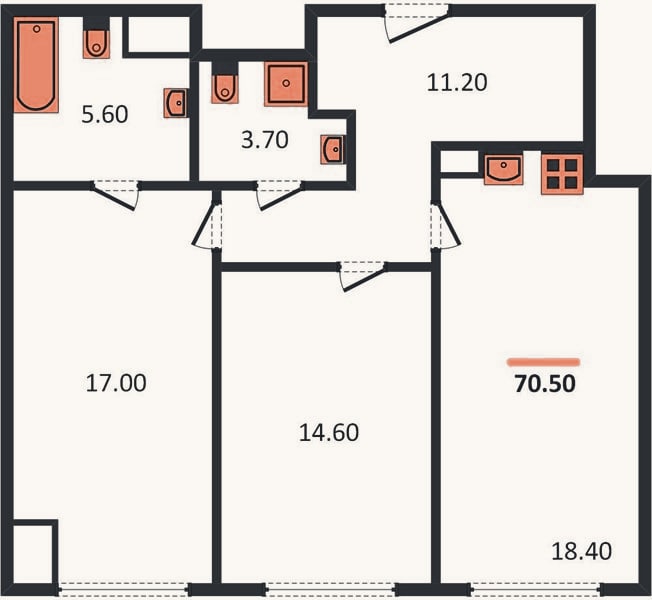 Планировка: 2-к, 70,5 м²