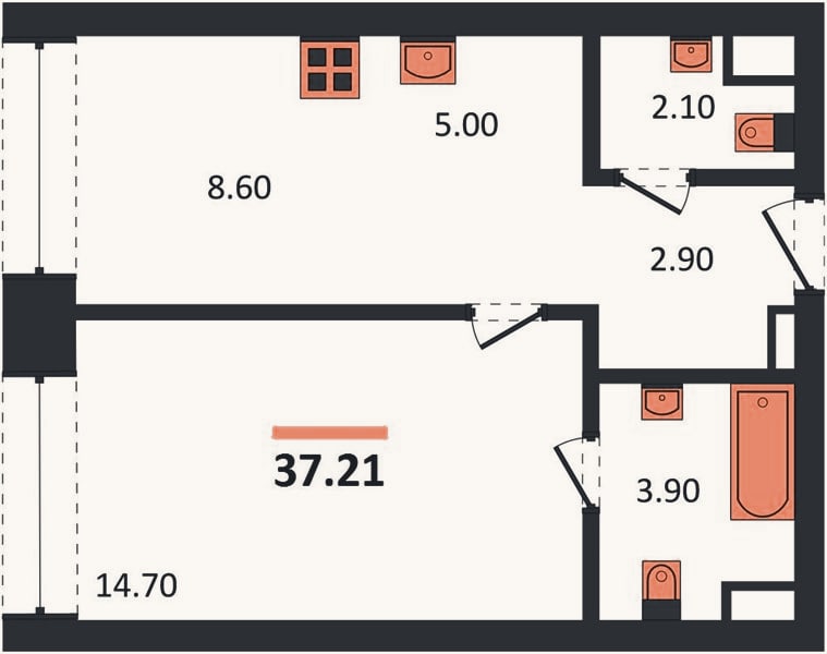 Планировка: 1-к, 37,2 м²