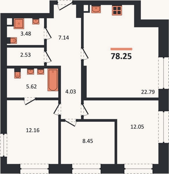 Планировка: 3-к, 78,3 м²
