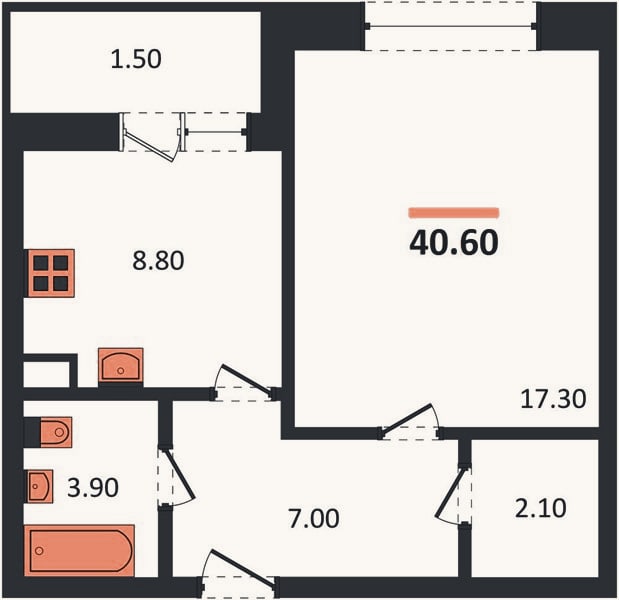 Планировка: 1-к, 40,6 м²