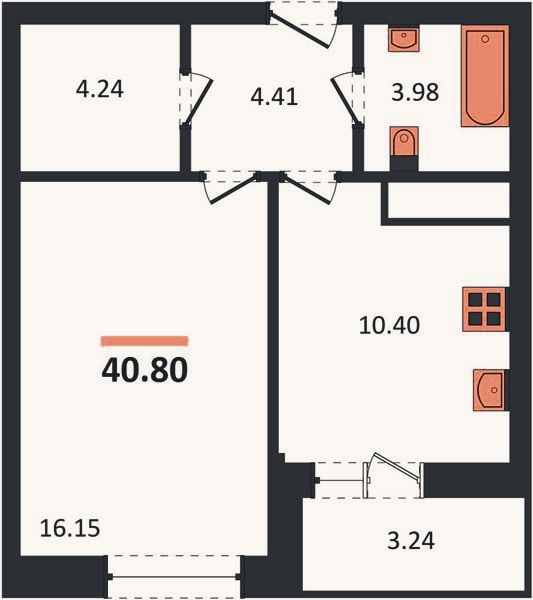 Планировка: 1-к, 40,8 м²