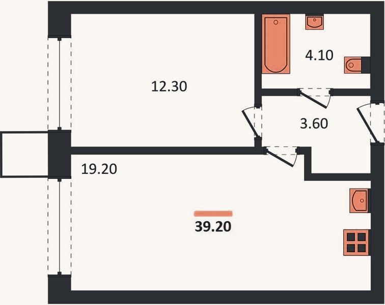 Планировка: 1-к, 39,2 м²