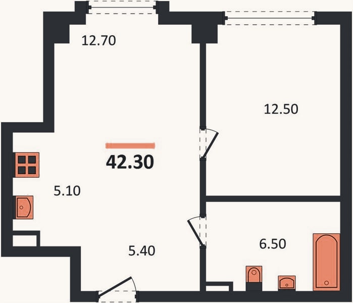 Планировка: 1-к, 42,3 м²