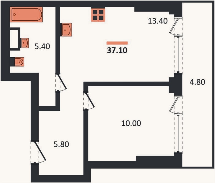 Планировка: 1-к, 37,1 м²