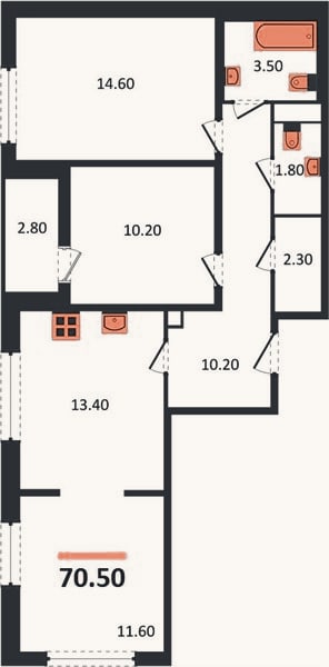 Планировка: 3-к, 70,5 м²