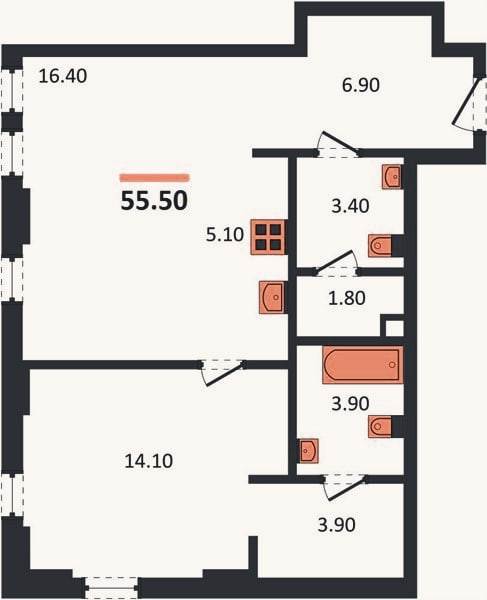 Планировка: 1-к, 55,5 м²