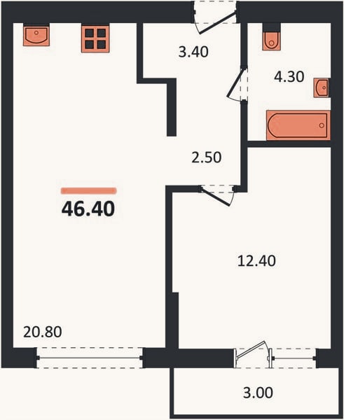 Планировка: 1-к, 46,4 м²