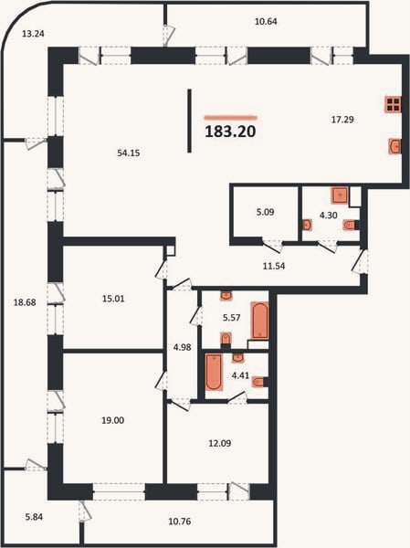 Планировка: 3-к, 183,2 м²