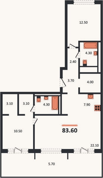 Планировка: 2-к, 83,6 м²
