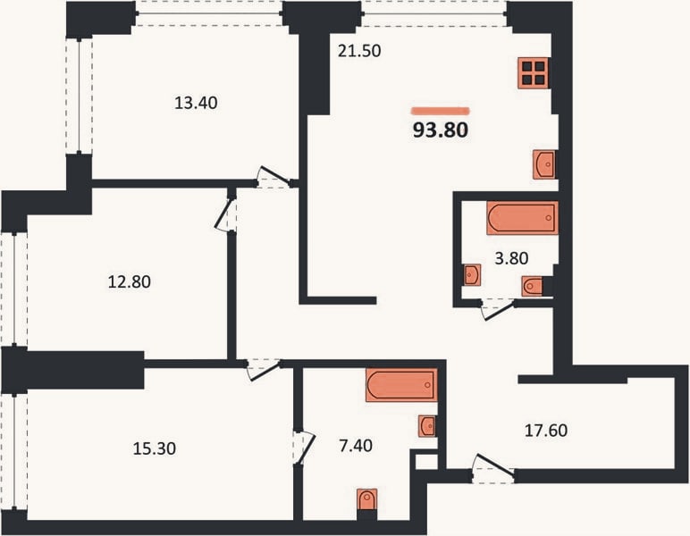 Планировка: 3-к, 93,8 м²