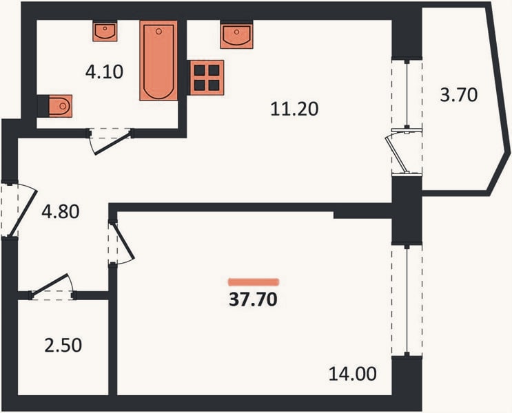 Планировка: 1-к, 37,7 м²