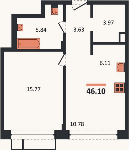 Планировка: 1-к, 46,1 м²