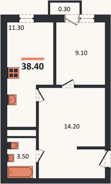 Планировка: 1-к, 38,4 м²