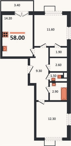 Планировка: 2-к, 58 м²