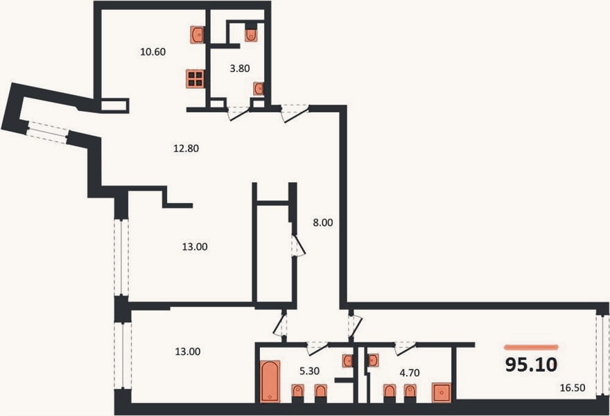 Планировка: 3-к, 95,1 м²