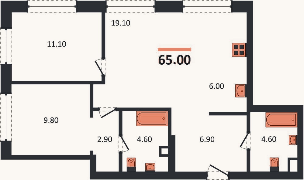 Планировка: 2-к, 65 м²