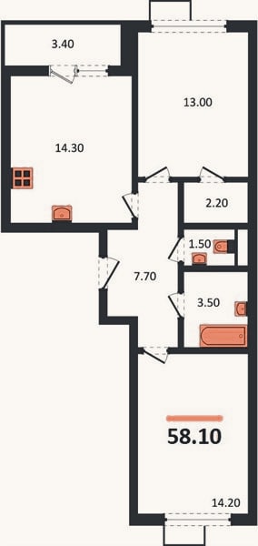 Планировка: 2-к, 58,1 м²