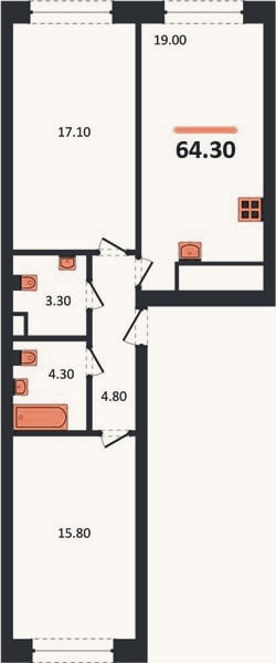 Планировка: 2-к, 64,3 м²