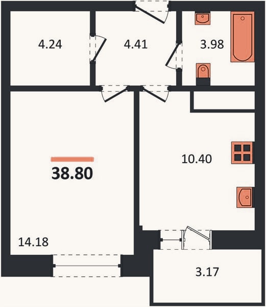 Планировка: 1-к, 38,8 м²