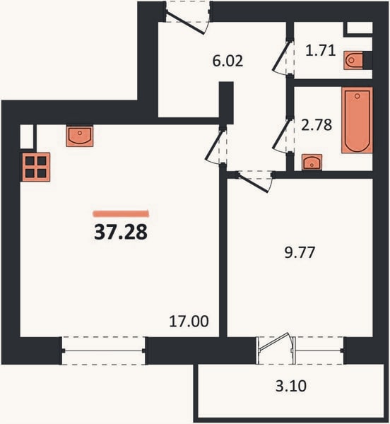 Планировка: 1-к, 37,3 м²