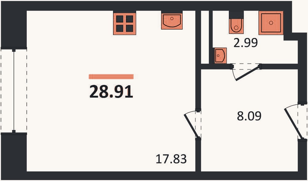 Планировка: Студия, 28,9 м²