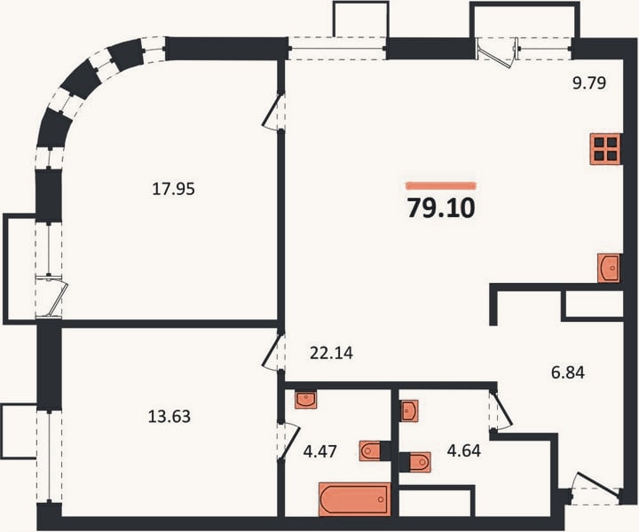 Планировка: 2-к, 79,1 м²