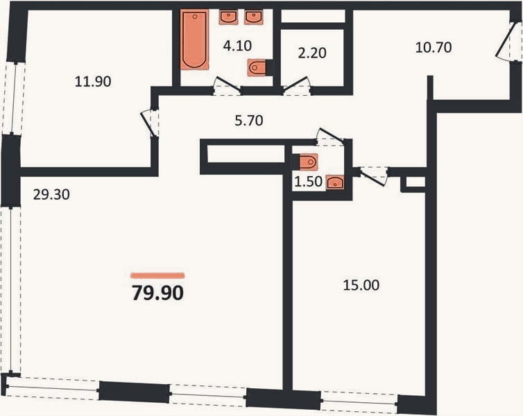 Планировка: 2-к, 79,9 м²