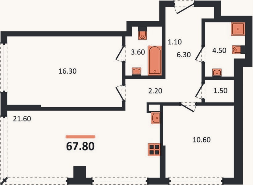 Планировка: 2-к, 67,8 м²