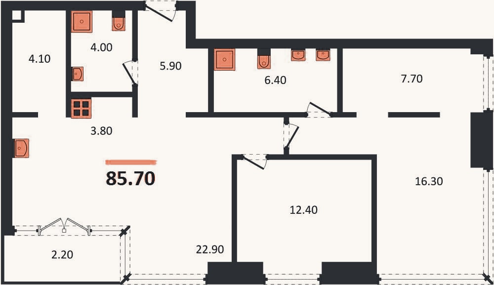 Планировка: 2-к, 85,7 м²