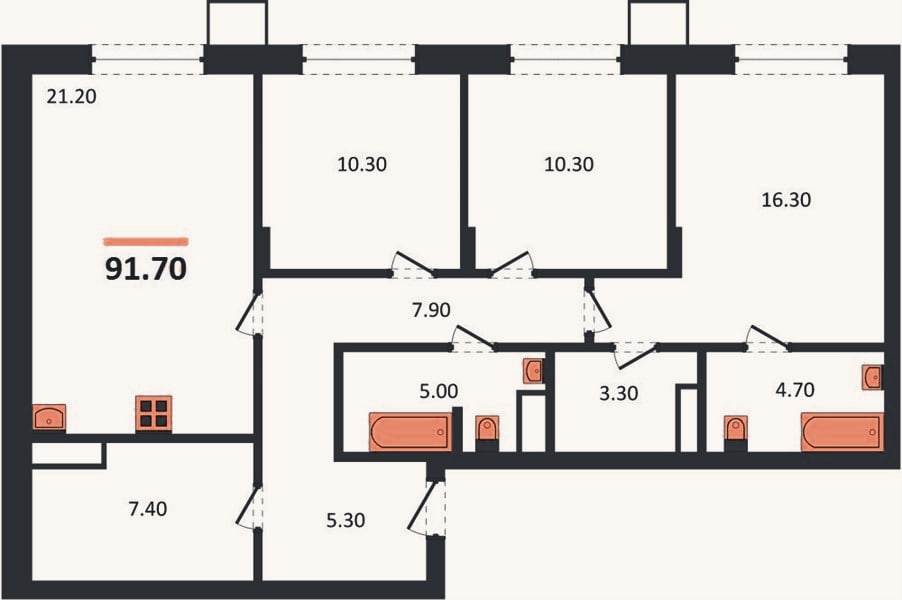 Планировка: 3-к, 91,7 м²