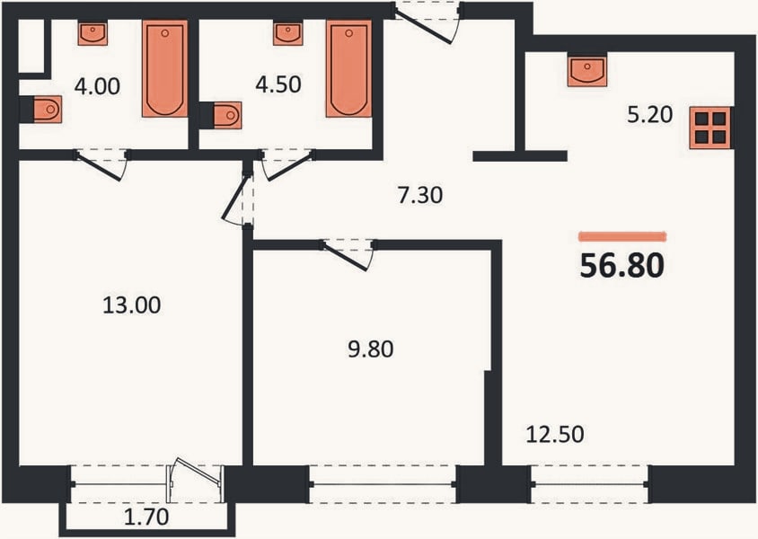 Планировка: 2-к, 56,8 м²