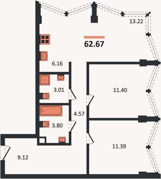 Планировка: 2-к, 62,7 м²