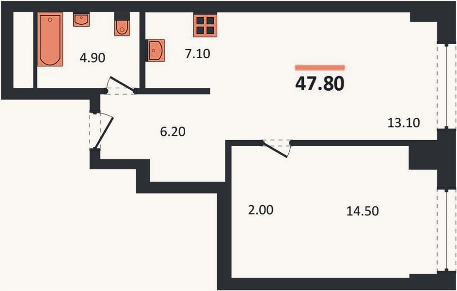 Планировка: 1-к, 47,8 м²