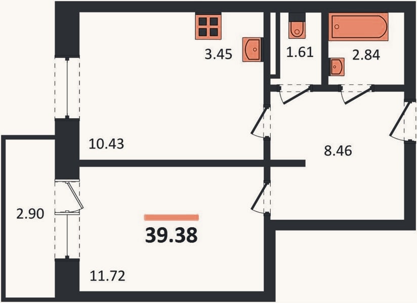 Планировка: 1-к, 38,5 м²