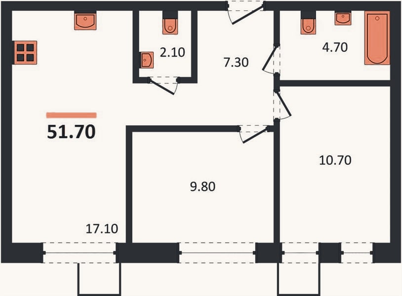 Планировка: 2-к, 51,7 м²