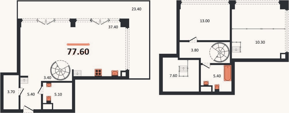 Планировка: 1-к, 77,6 м²