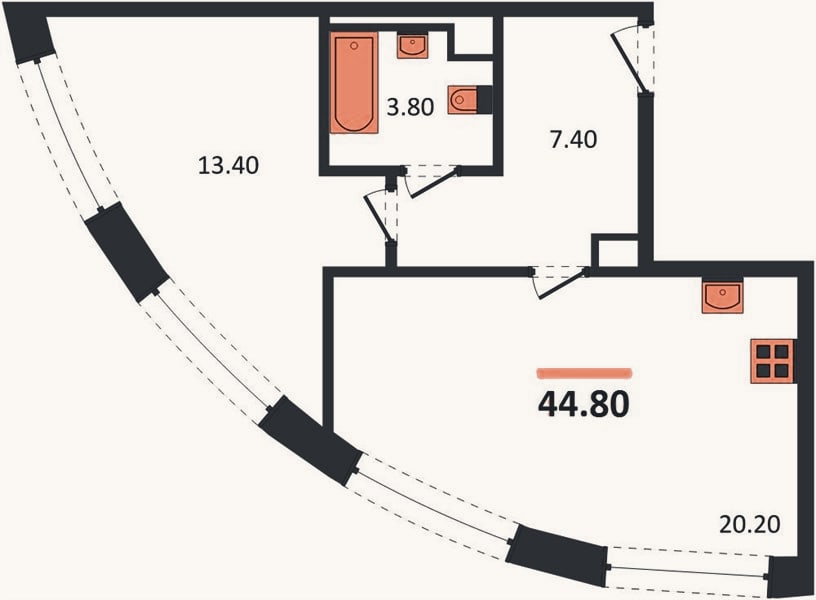 Планировка: 1-к, 44,8 м²