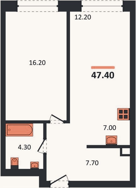 Планировка: 1-к, 47,4 м²