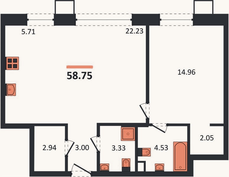 Планировка: 1-к, 58,8 м²