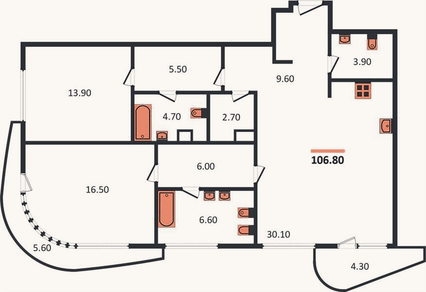 Планировка: 2-к, 106,8 м²