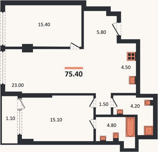 Планировка: 2-к, 75,4 м²
