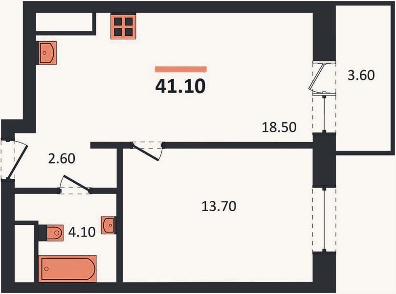 Планировка: 1-к, 41,1 м²